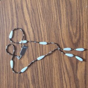 NWT J. Jill Mother-of-Pearl Shell & Brown Beaded Y-Shaped Lariat Necklace